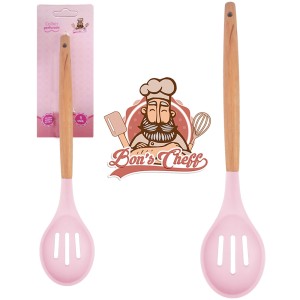 CP5025-COLHER SILICONE VAZADA ROSA CB MADEIRA 31CM-CP